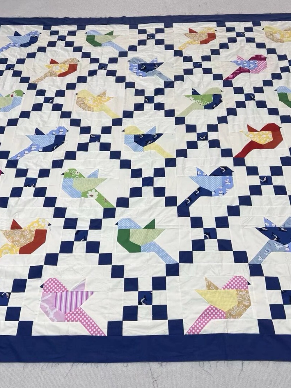 Handmade Flying birds Patchwork Cotton Quilt Top/Topper Machine pieced 86x86”